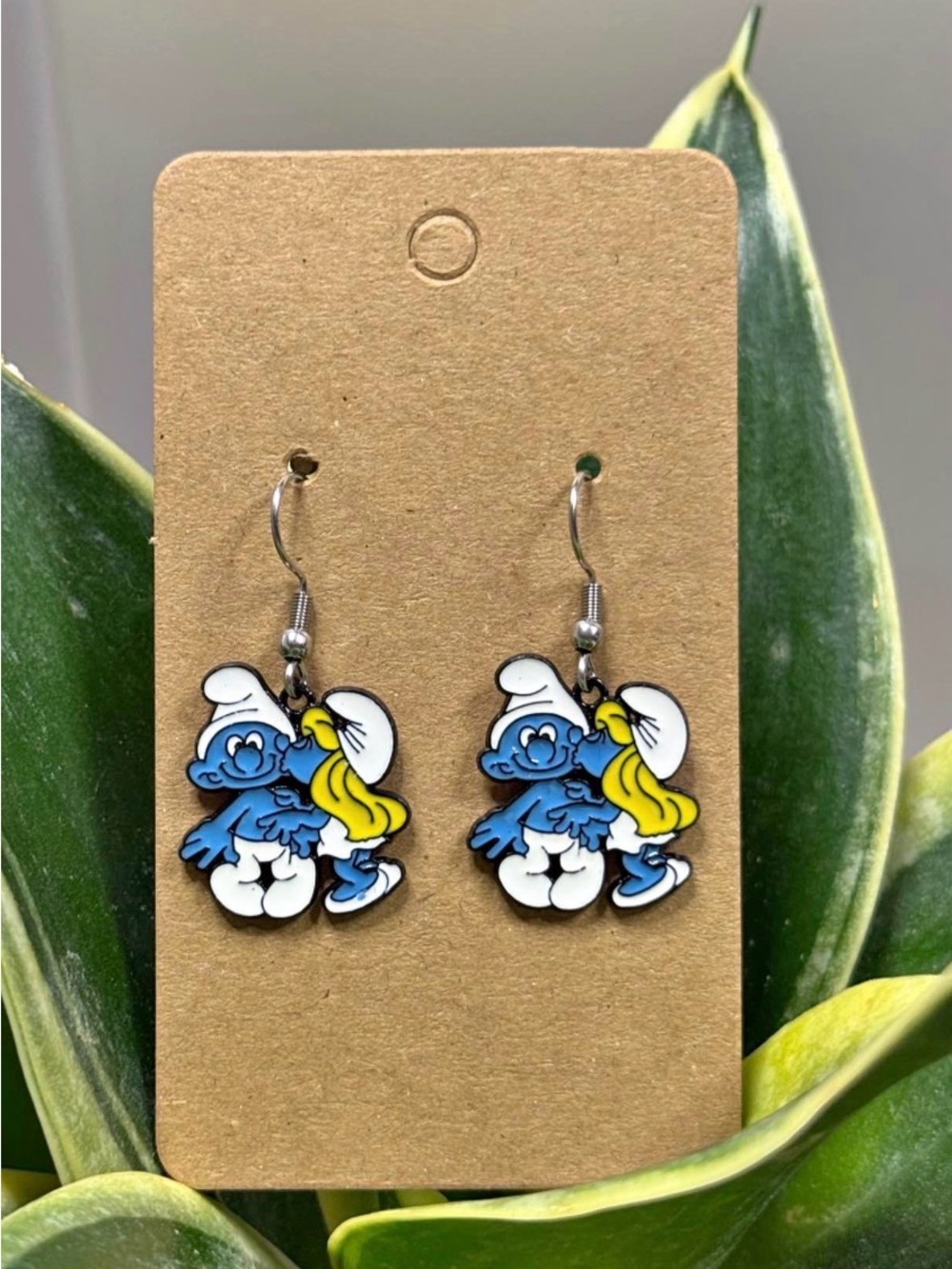 Blue Smurfette + Smurf Kissing Dangle Earrings - Cute Cartoon Accessories